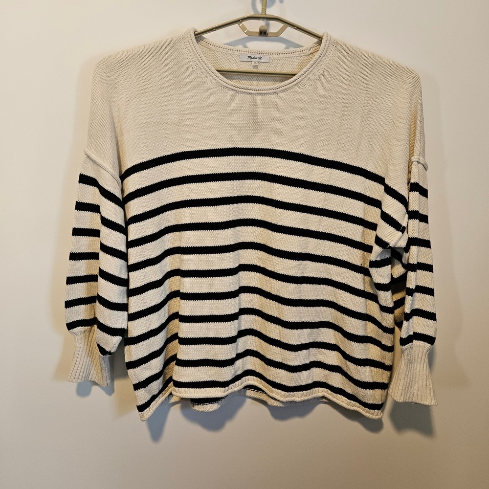 Madewell Pullover Sweater 3X Striped Roll Neck Cotton Black Crewneck Office